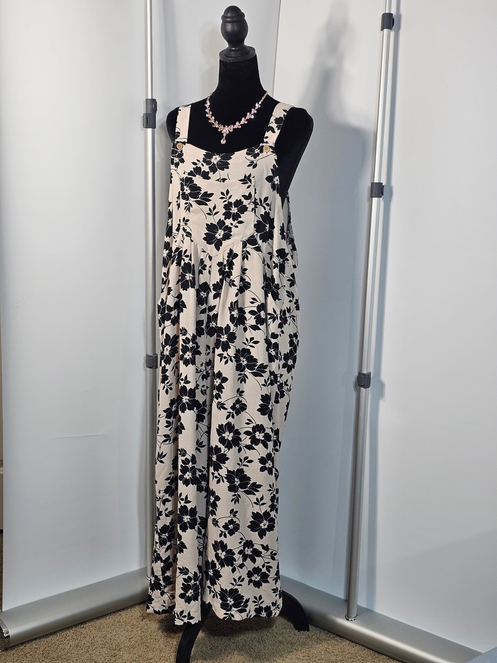 #281 Mollence XL Black & Cream Floral Wide-Leg Overall Jumpsuit Cottagecore Boho